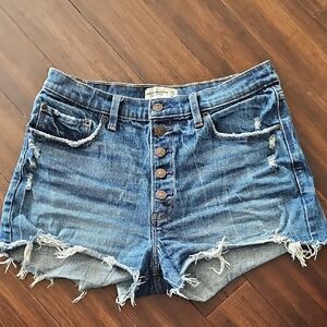High-Rise Distressed Denim Shorts - Blue